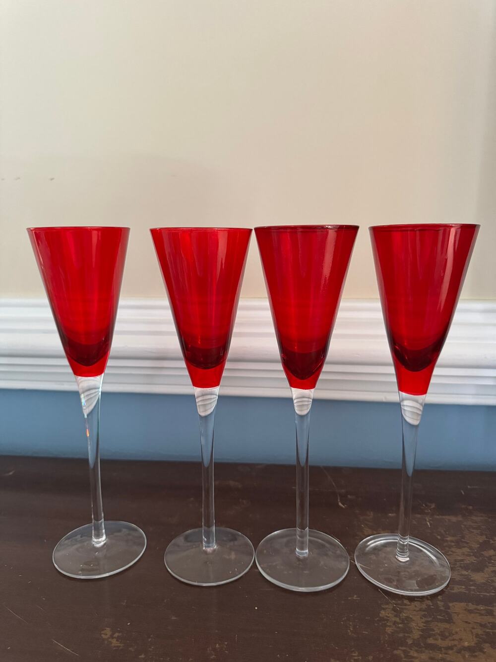Champagne Glasses Long Clear Stem Deep Foot Red Narrow Bowl